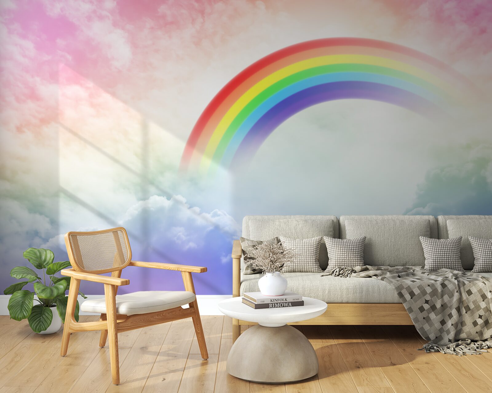Fototapeten Ein buntes Regenbogen scheint über die Wolken