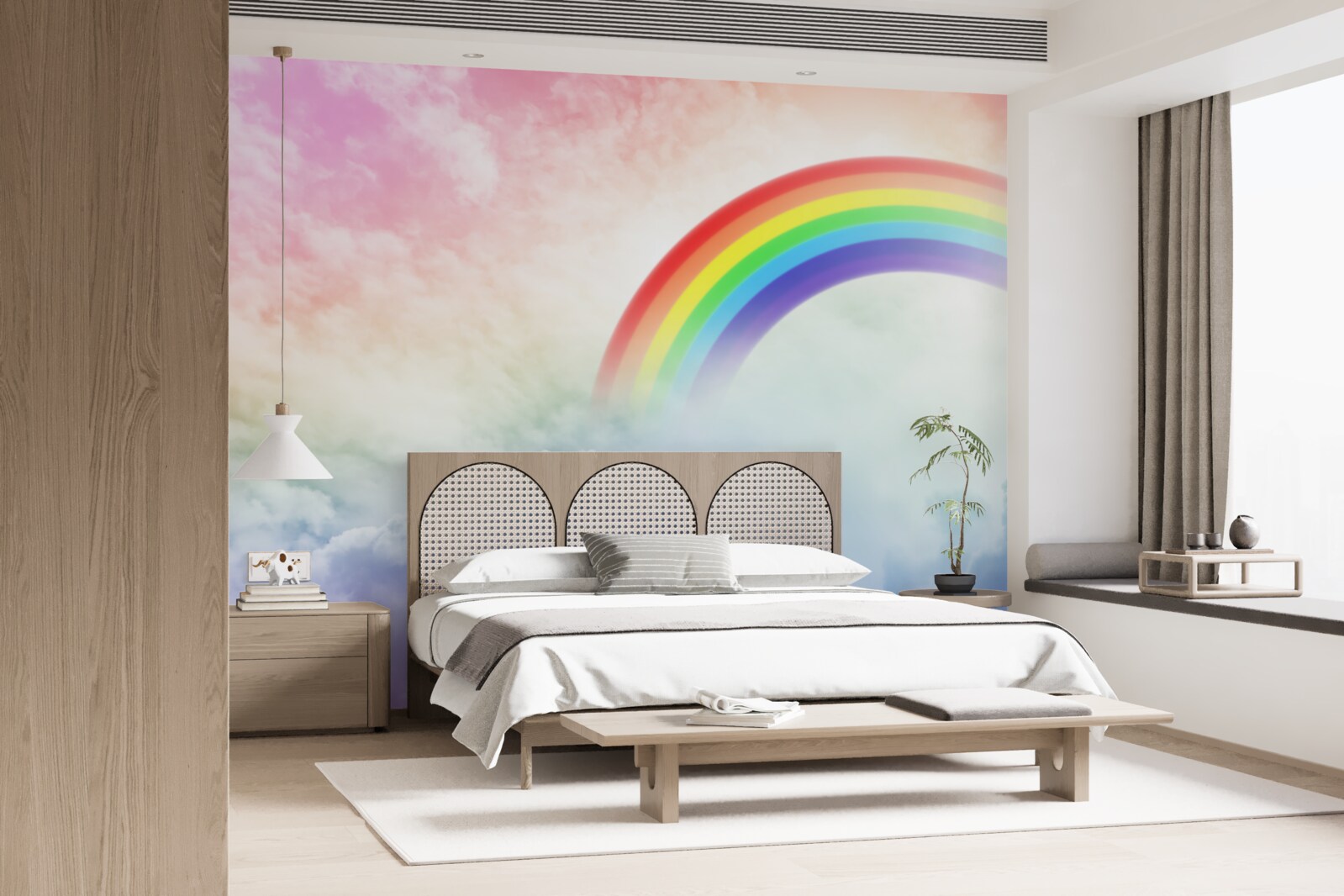 Fototapeten Ein buntes Regenbogen scheint über die Wolken