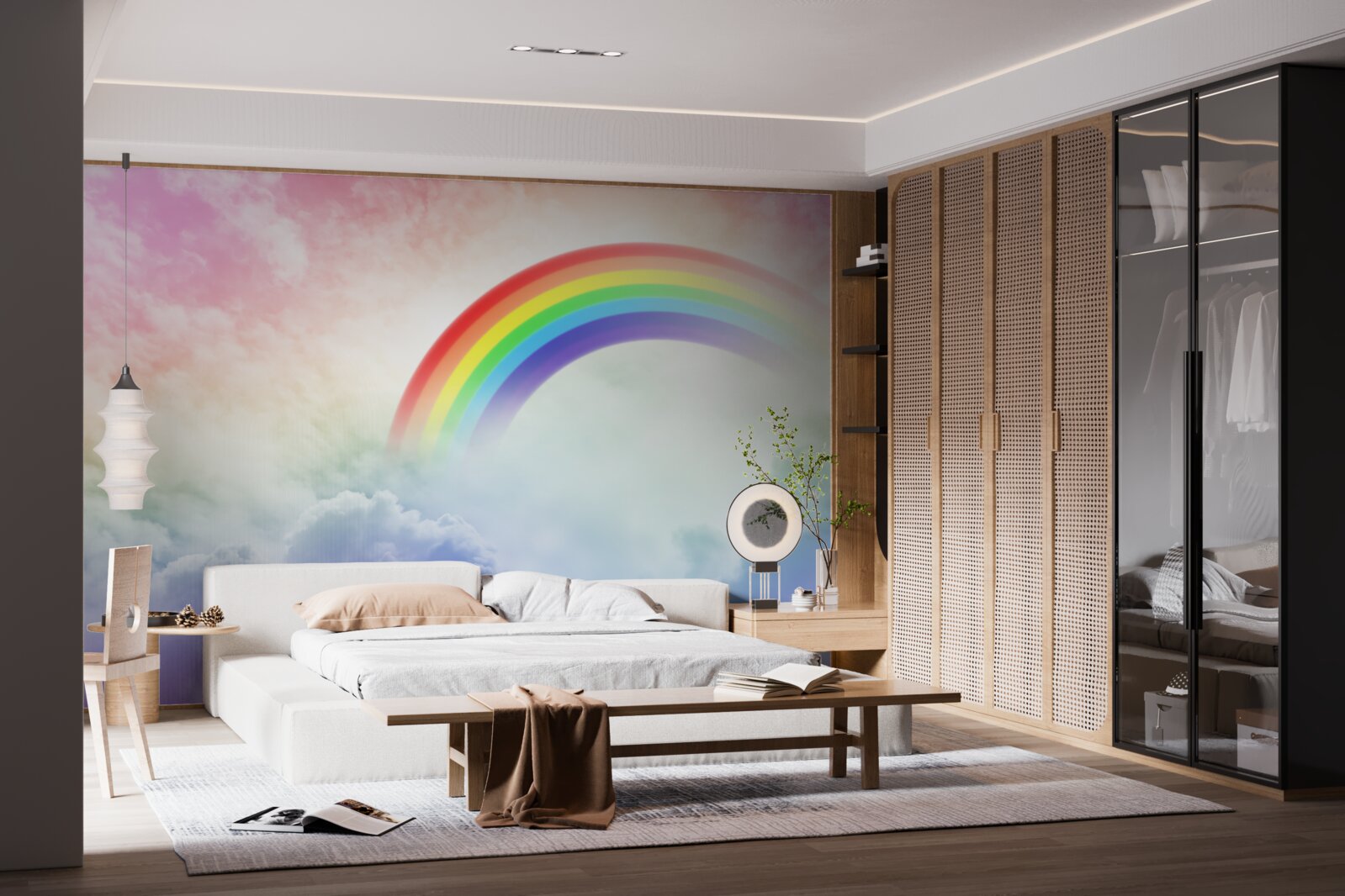 Fototapeten Ein buntes Regenbogen scheint über die Wolken