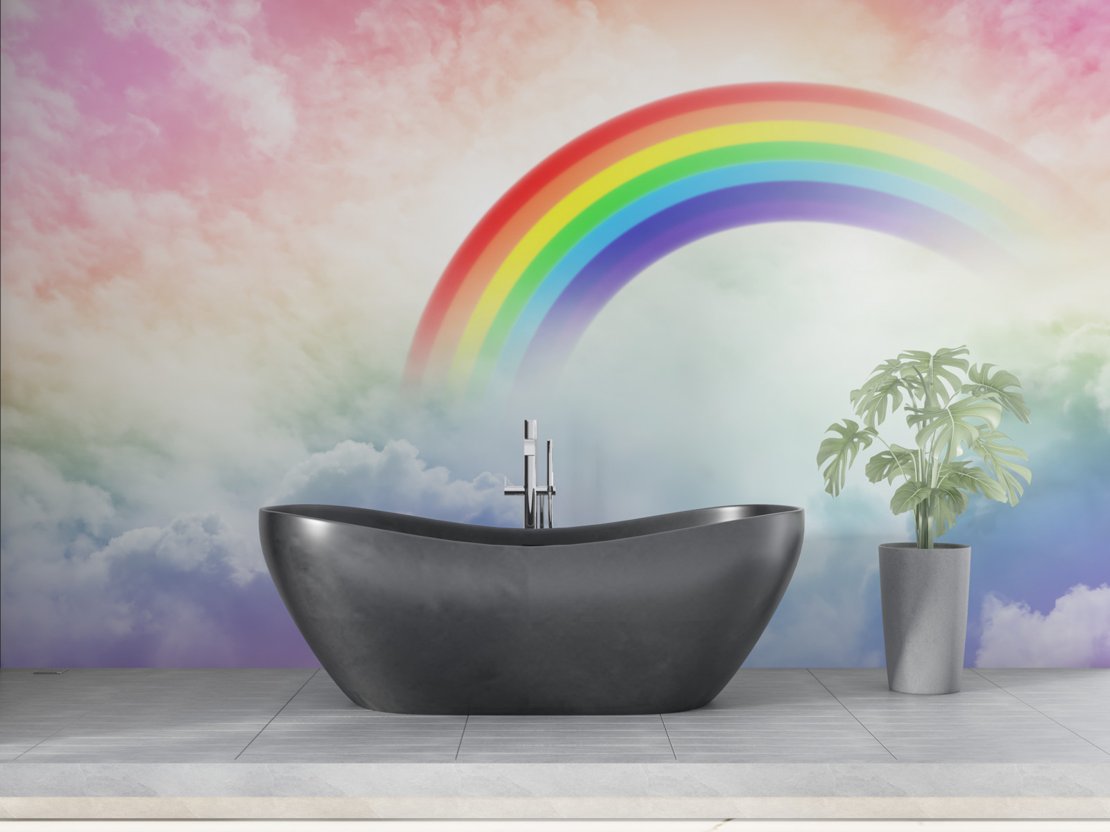 Fototapeten Ein buntes Regenbogen scheint über die Wolken
