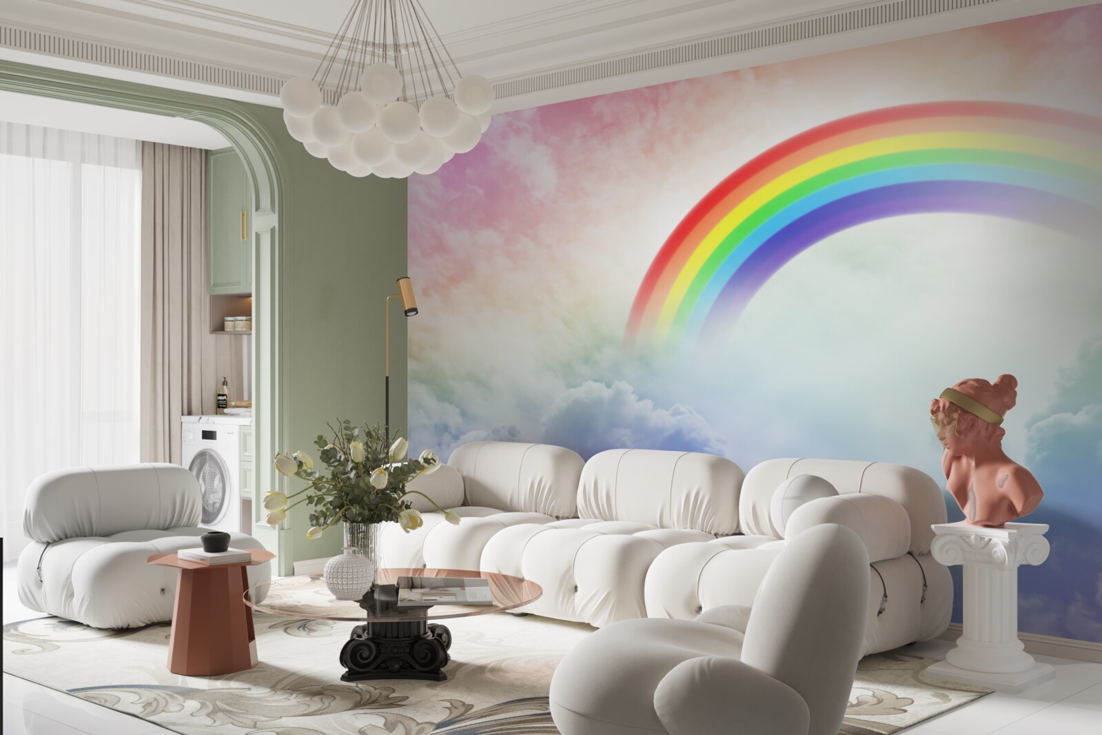 Fototapeten Ein buntes Regenbogen scheint über die Wolken