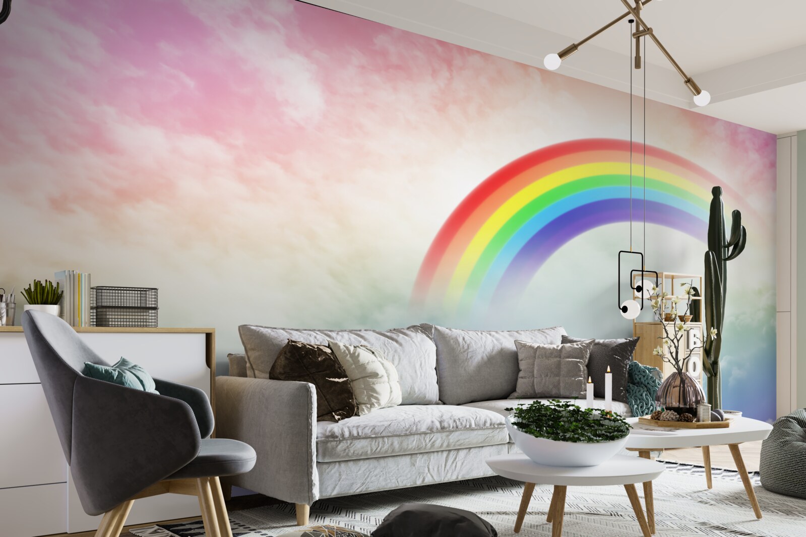 Fototapeten Ein buntes Regenbogen scheint über die Wolken