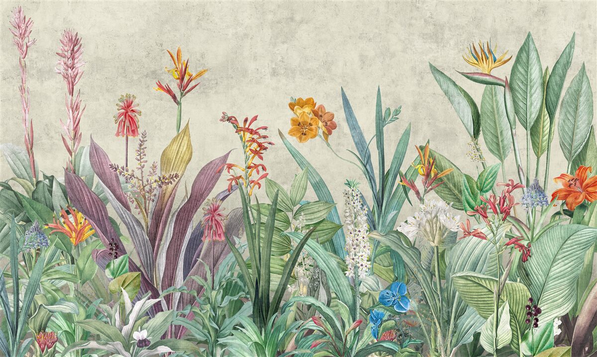 Fototapeten tropisches Grün mit Blumen