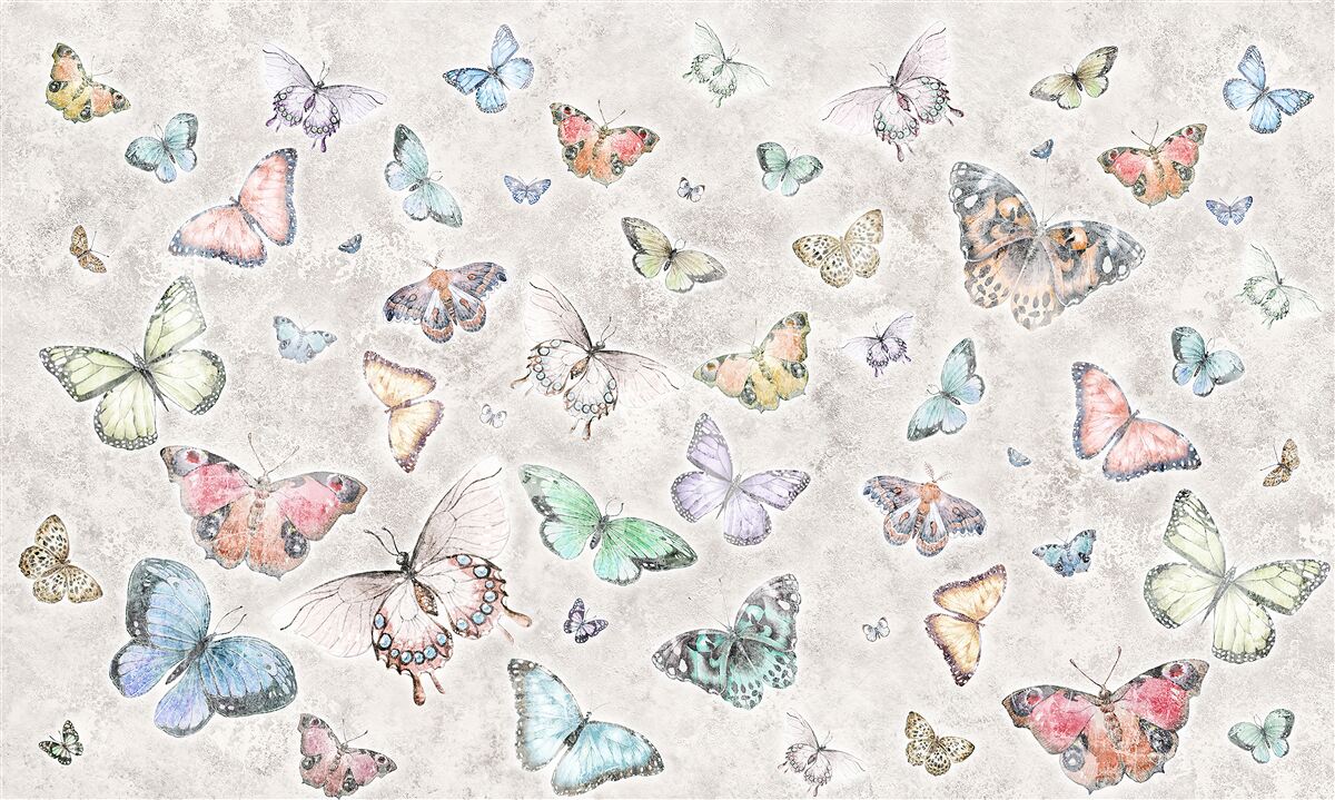 Fototapeten Leuchtende Schmetterlinge auf grauem Hintergrund