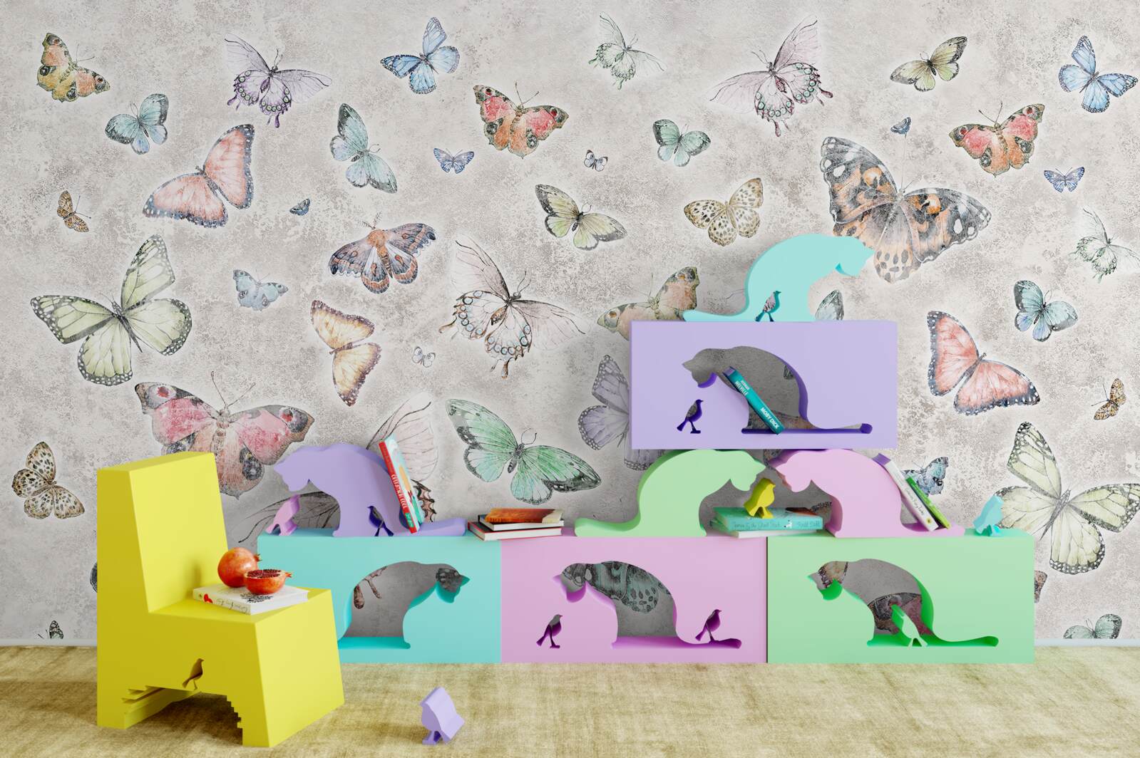 Fototapeten Leuchtende Schmetterlinge auf grauem Hintergrund