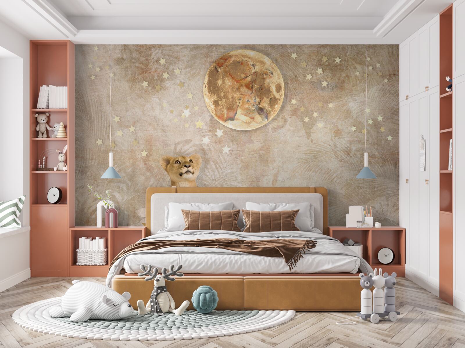 Fototapeten Der kleine Löwe beobachtet den Mond