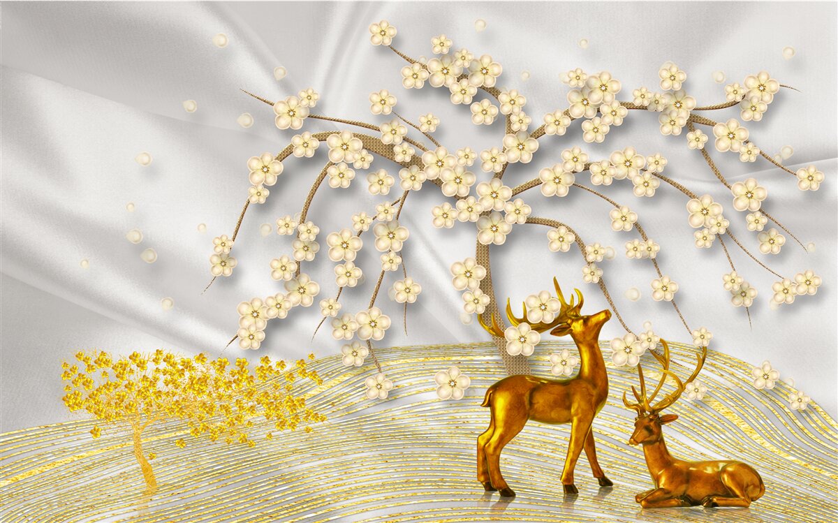 Fototapeten Ein Hirsch aus Gold geht unter den Zweigen von Sakura