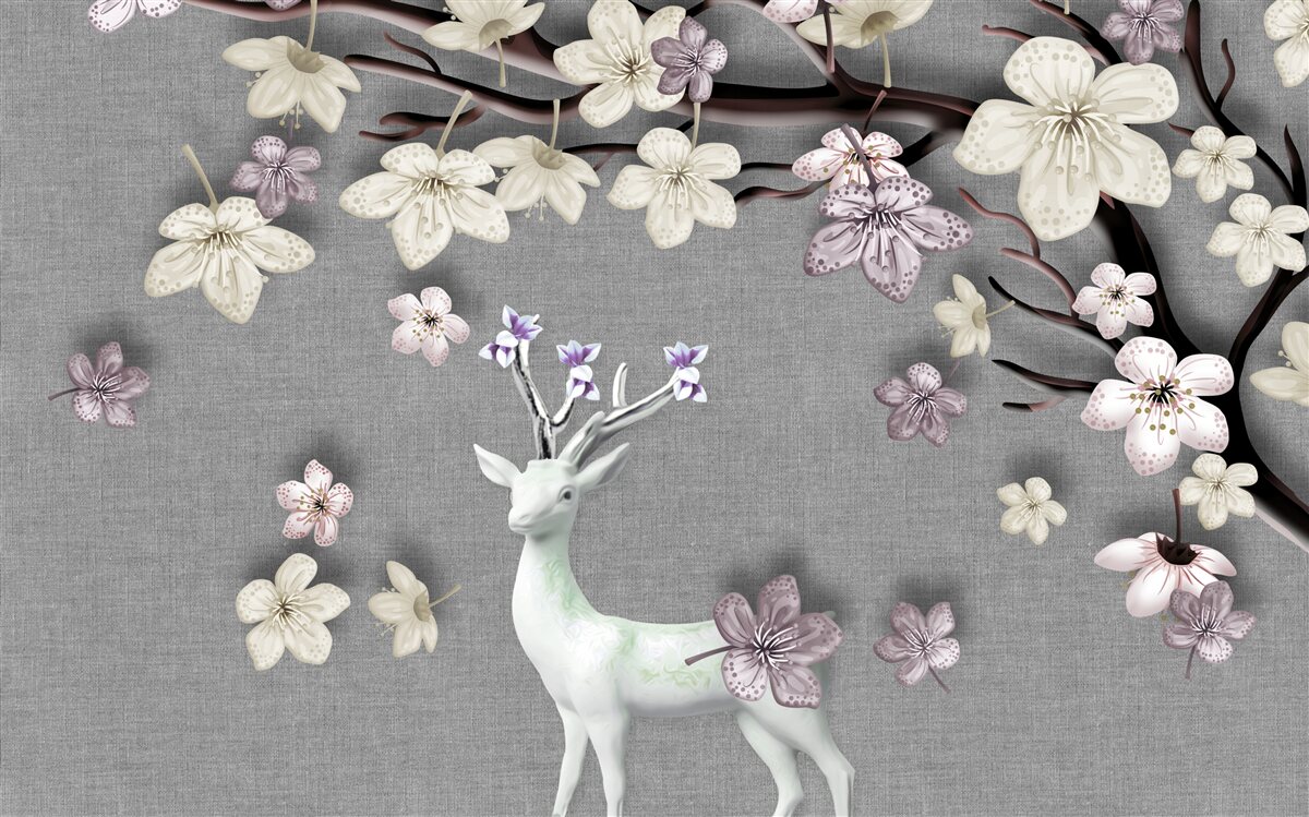 Fototapeten Blühende Magnolienzweige und ein weißes Hirsch