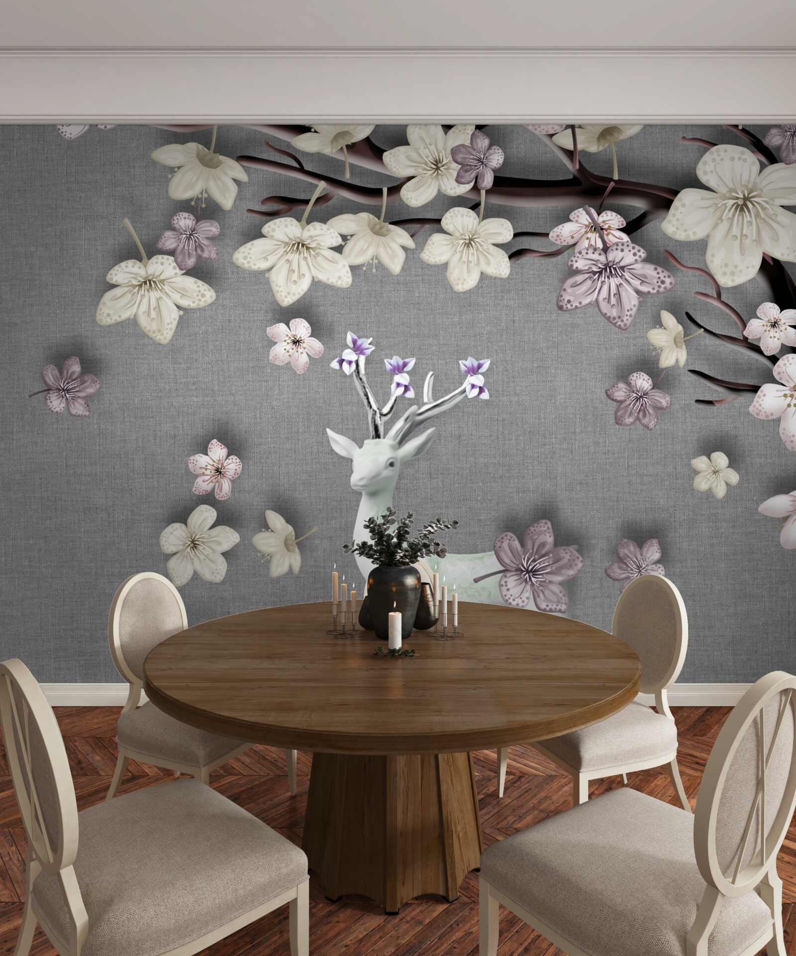 Fototapeten Blühende Magnolienzweige und ein weißes Hirsch