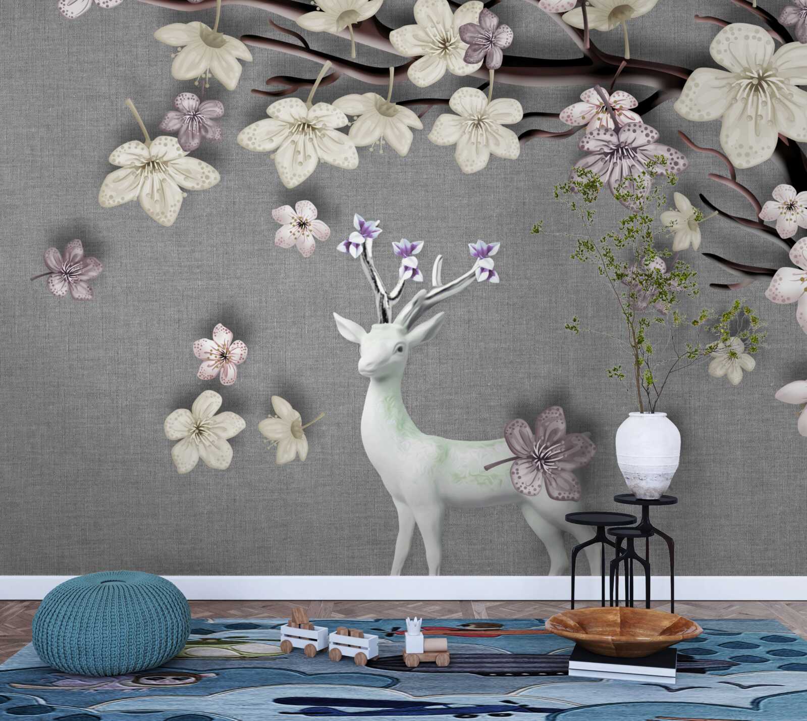 Fototapeten Blühende Magnolienzweige und ein weißes Hirsch