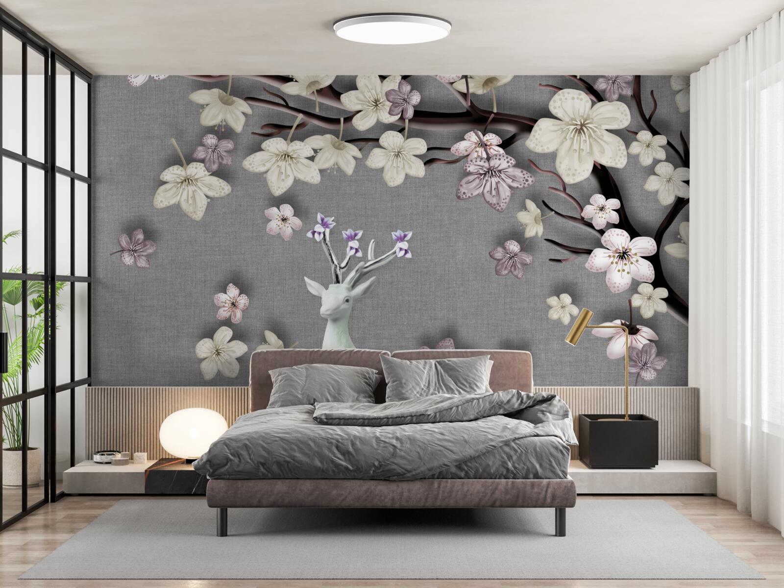 Fototapeten Blühende Magnolienzweige und ein weißes Hirsch