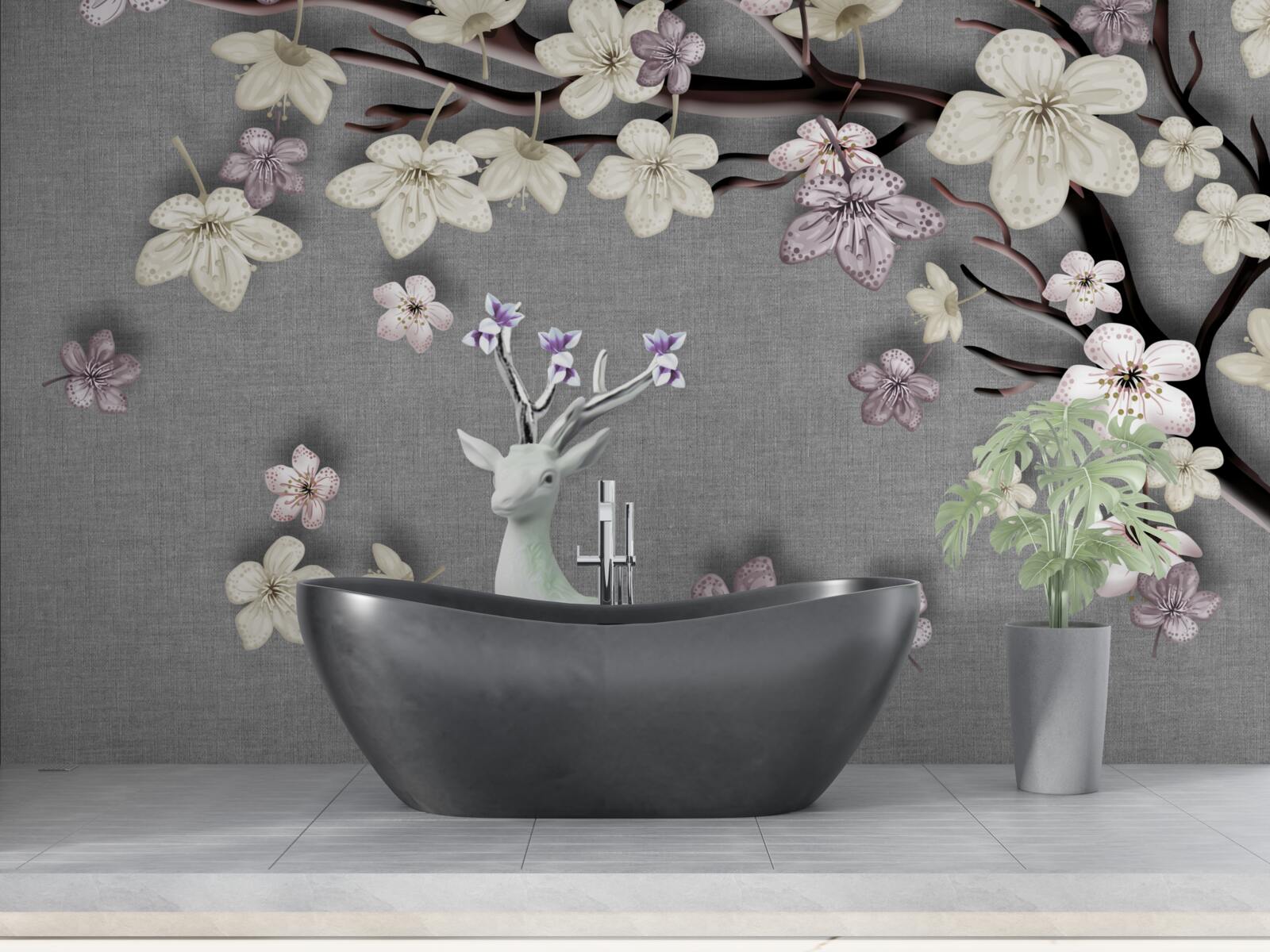 Fototapeten Blühende Magnolienzweige und ein weißes Hirsch