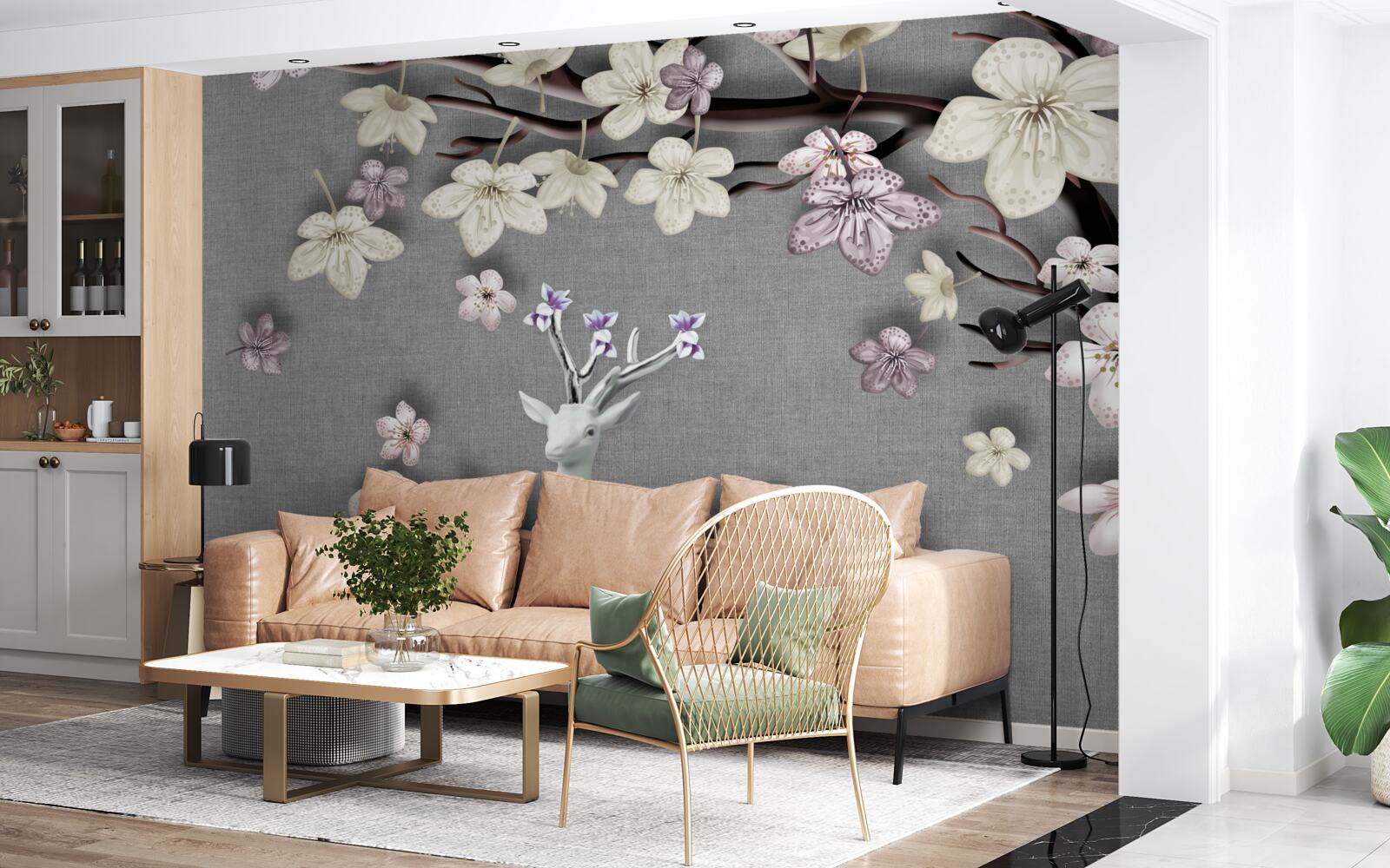 Fototapeten Blühende Magnolienzweige und ein weißes Hirsch