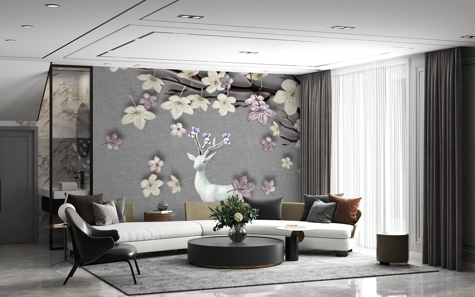 Fototapeten Blühende Magnolienzweige und ein weißes Hirsch
