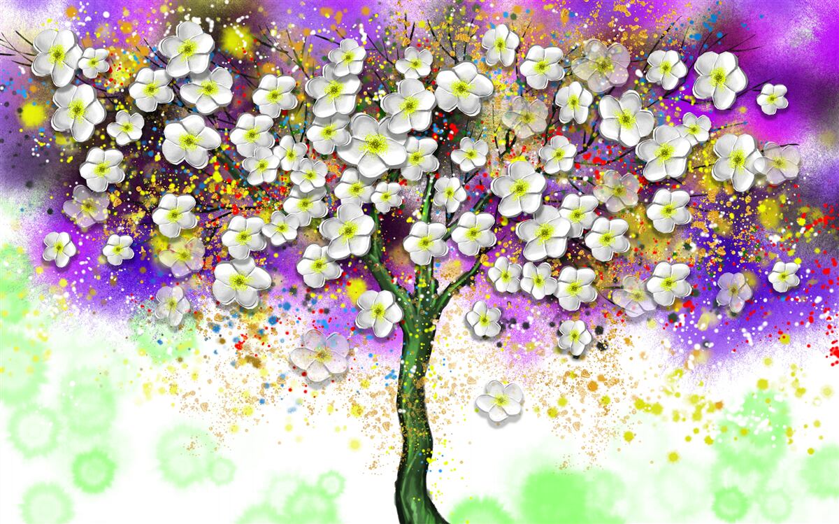 Fototapeten Ein schneebewegender Baum mit weißen Blumen