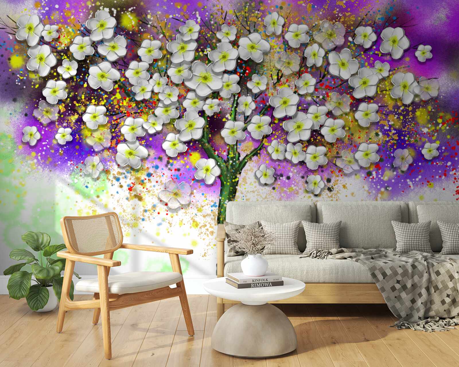 Fototapeten Ein schneebewegender Baum mit weißen Blumen