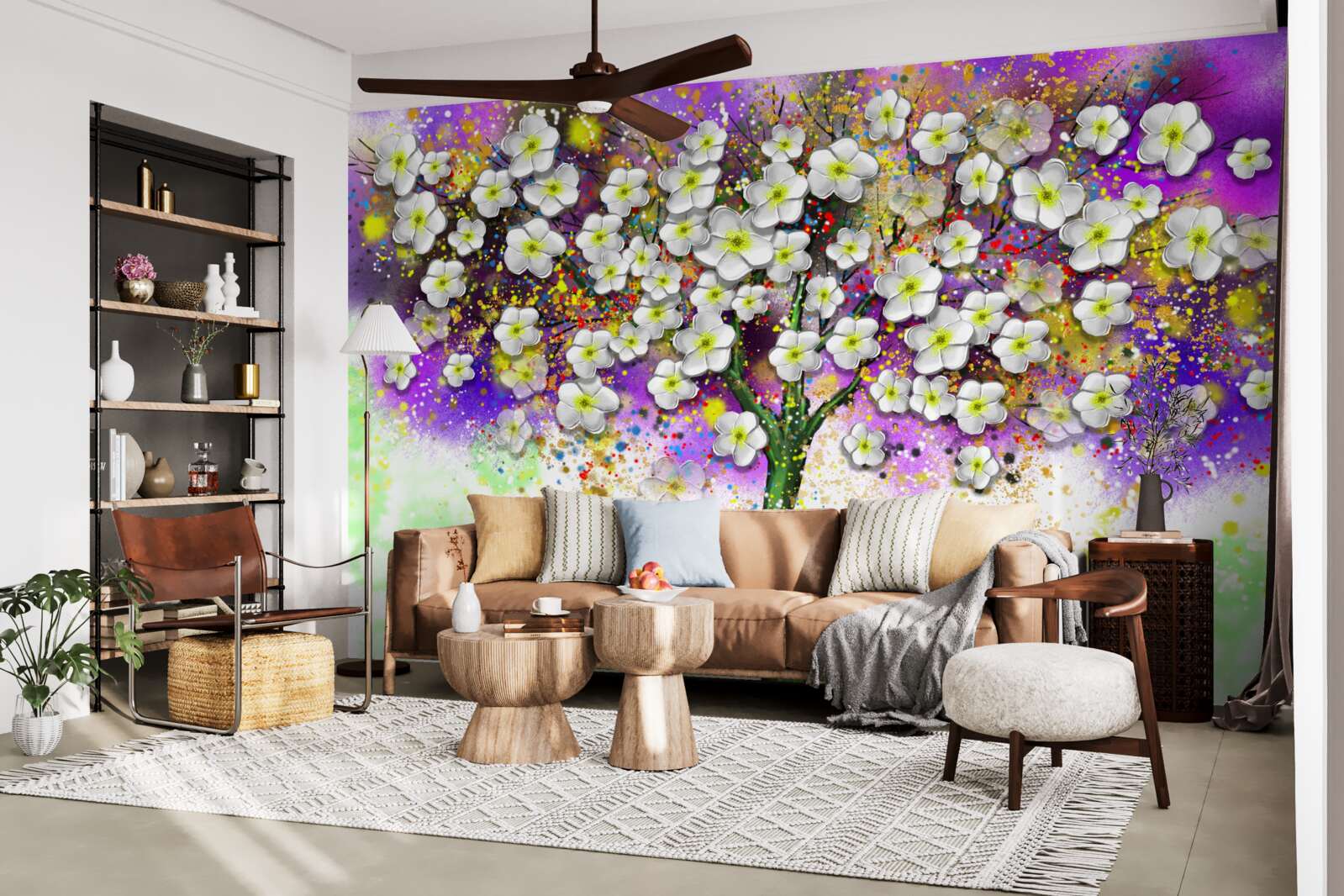 Fototapeten Ein schneebewegender Baum mit weißen Blumen