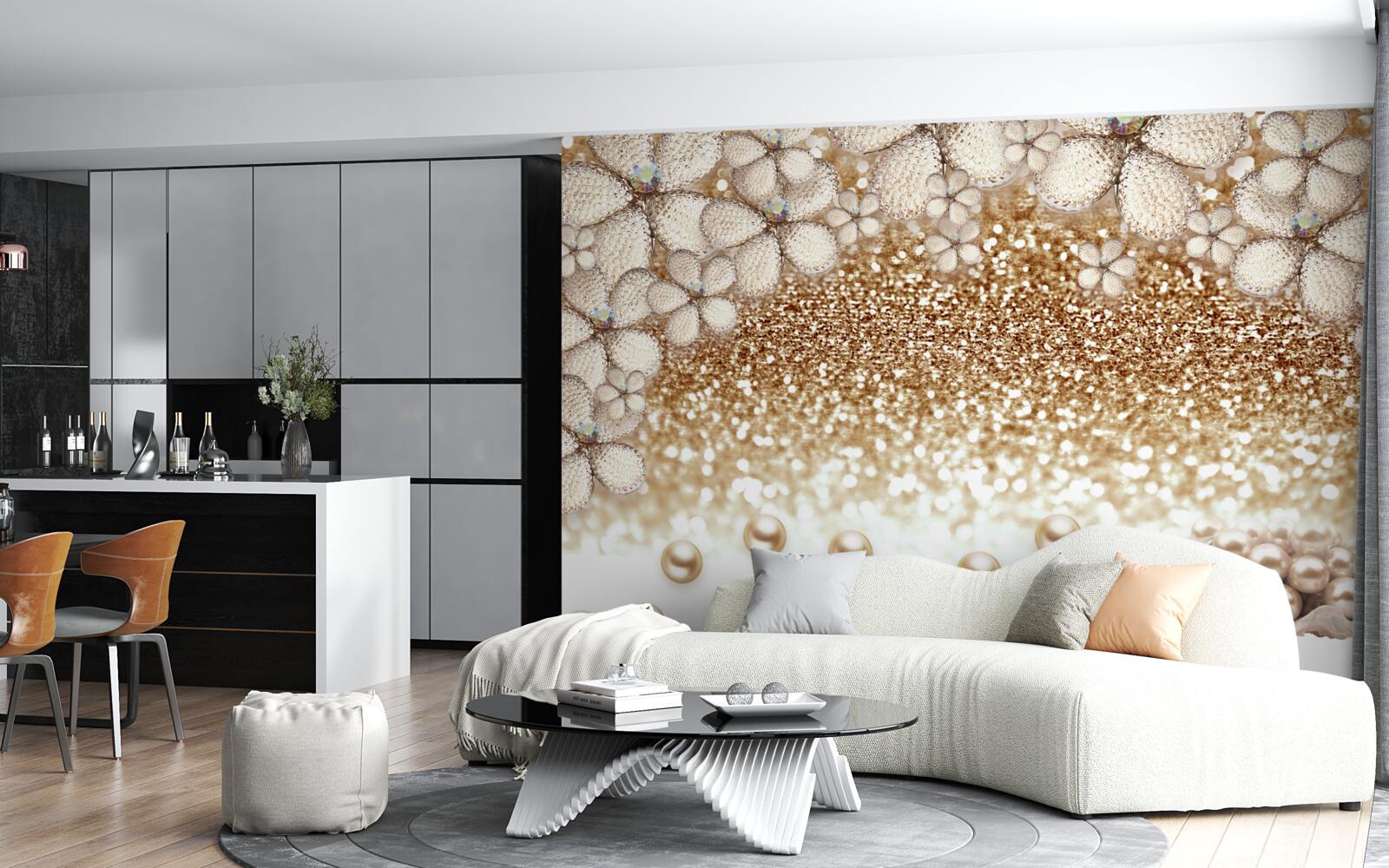 Fototapeten weiße und goldene Blumen und Perlen
