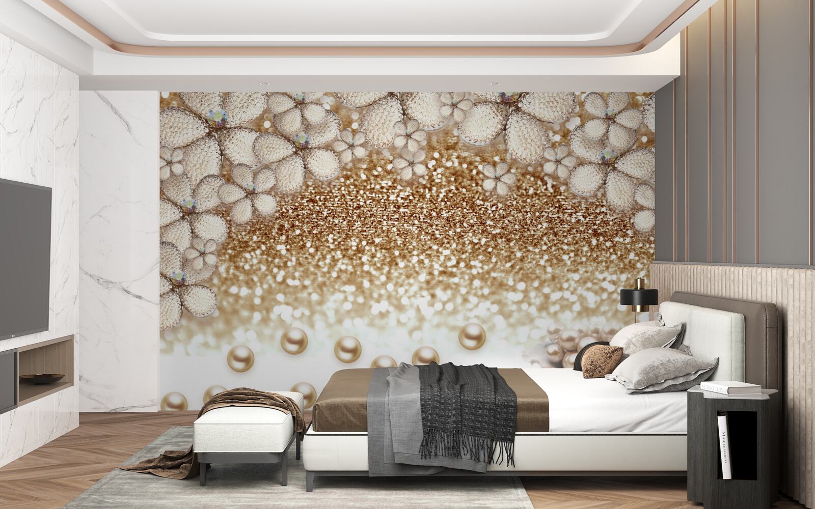 Fototapeten weiße und goldene Blumen und Perlen