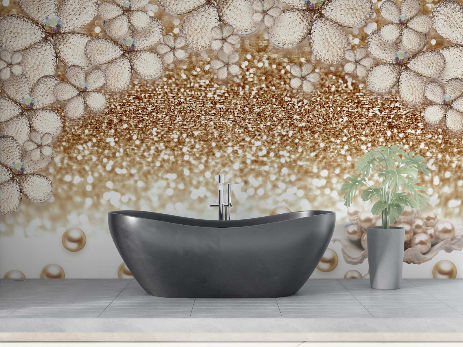 Fototapeten weiße und goldene Blumen und Perlen