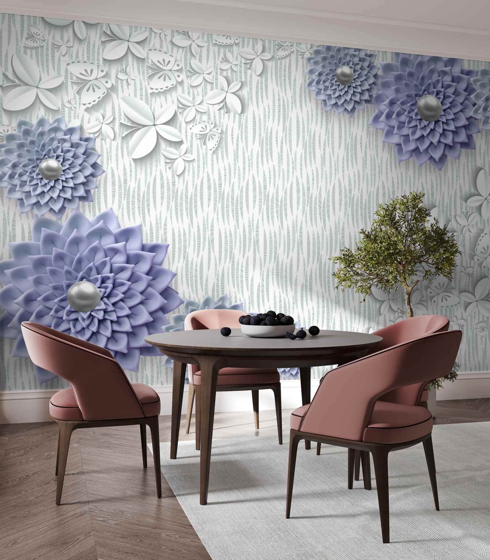 Fototapeten Blaues Material mit Blumen und Schmetterlingen