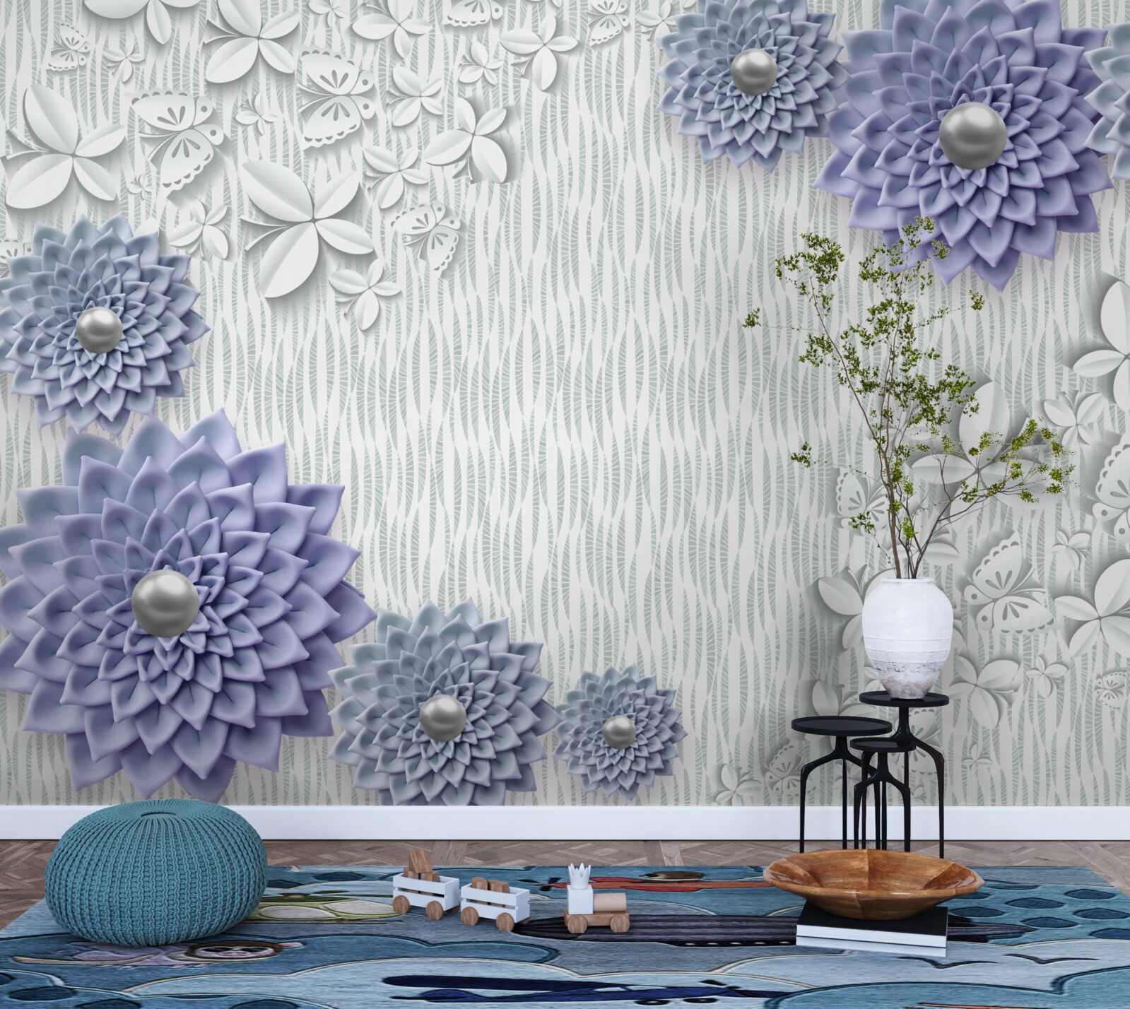 Fototapeten Blaues Material mit Blumen und Schmetterlingen