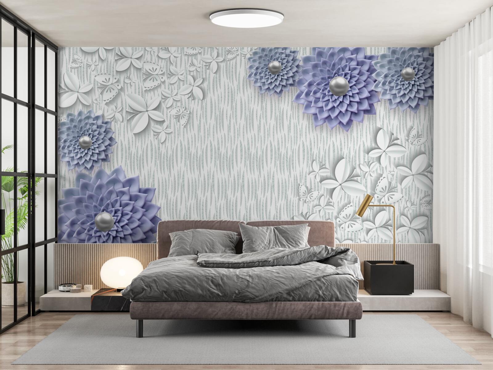 Fototapeten Blaues Material mit Blumen und Schmetterlingen