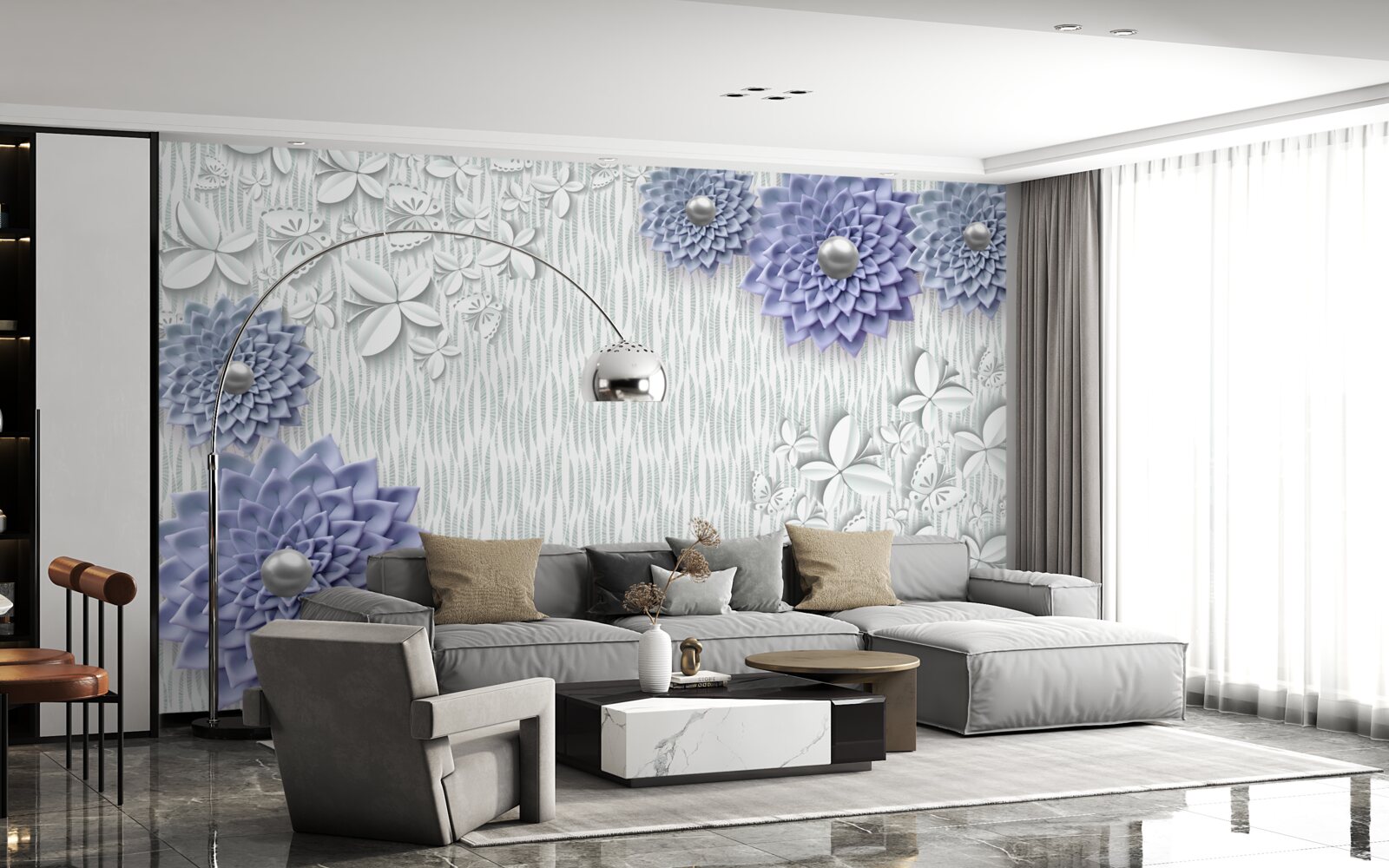 Fototapeten Blaues Material mit Blumen und Schmetterlingen