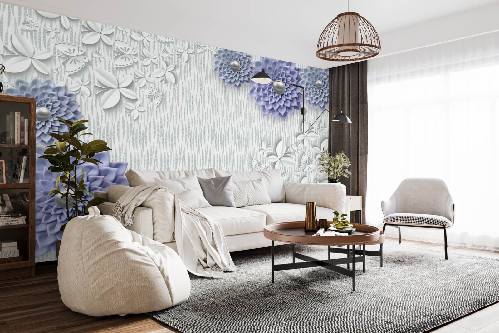 Fototapeten Blaues Material mit Blumen und Schmetterlingen