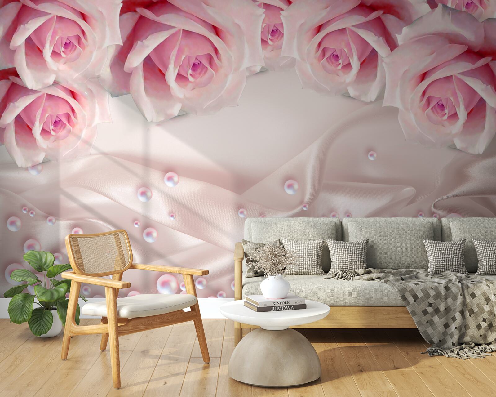 Fototapeten Ein komplexer Satz von Perlen und seidenrosa Rosen