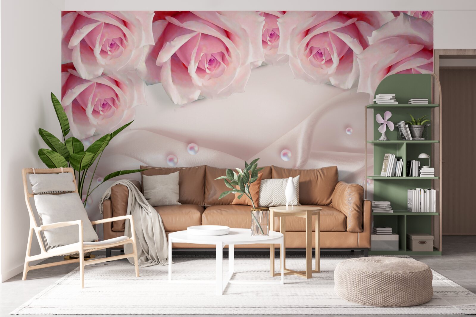 Fototapeten Ein komplexer Satz von Perlen und seidenrosa Rosen