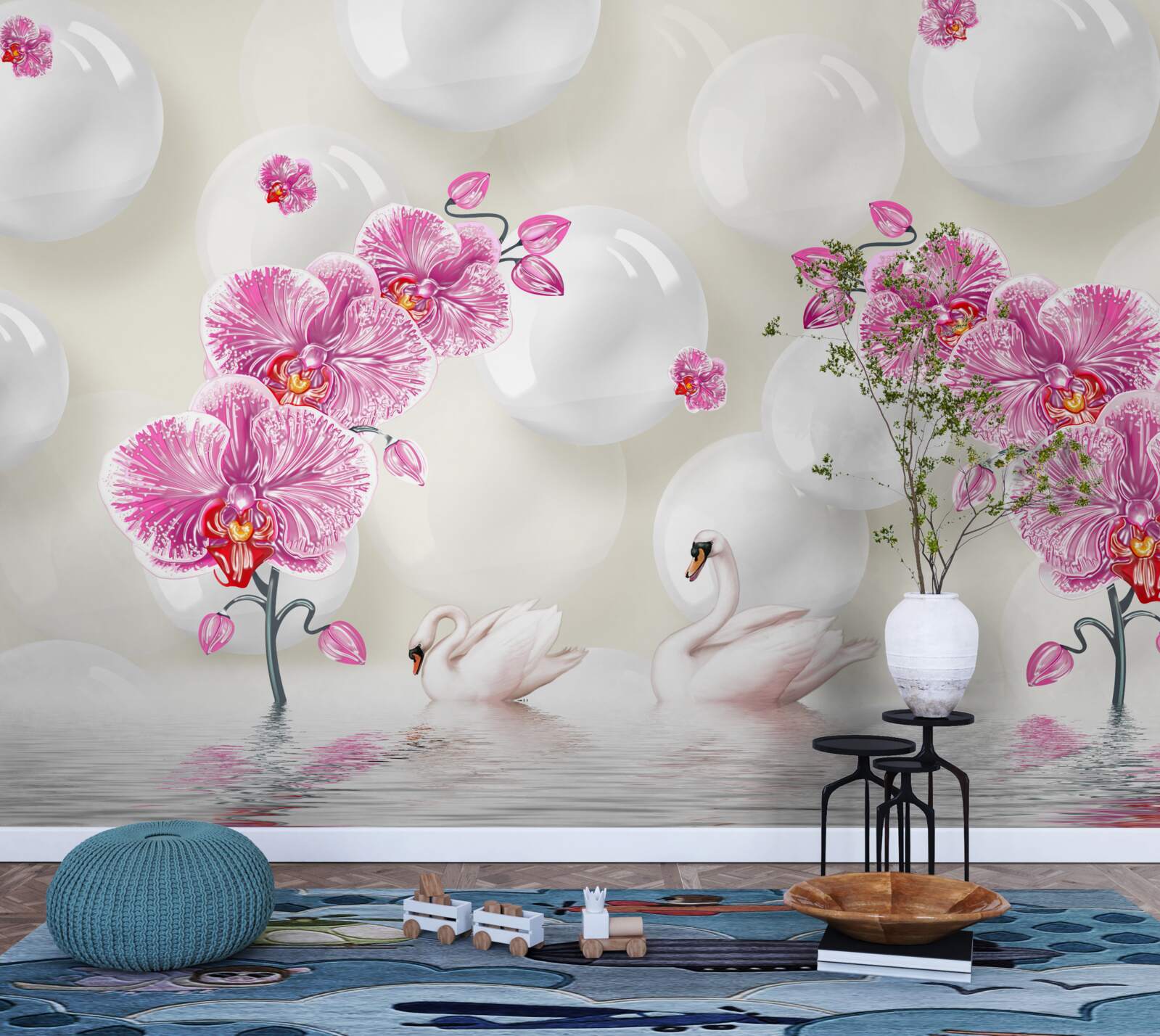 Fototapeten Lilac Magnolia und Schwäne schweben am See