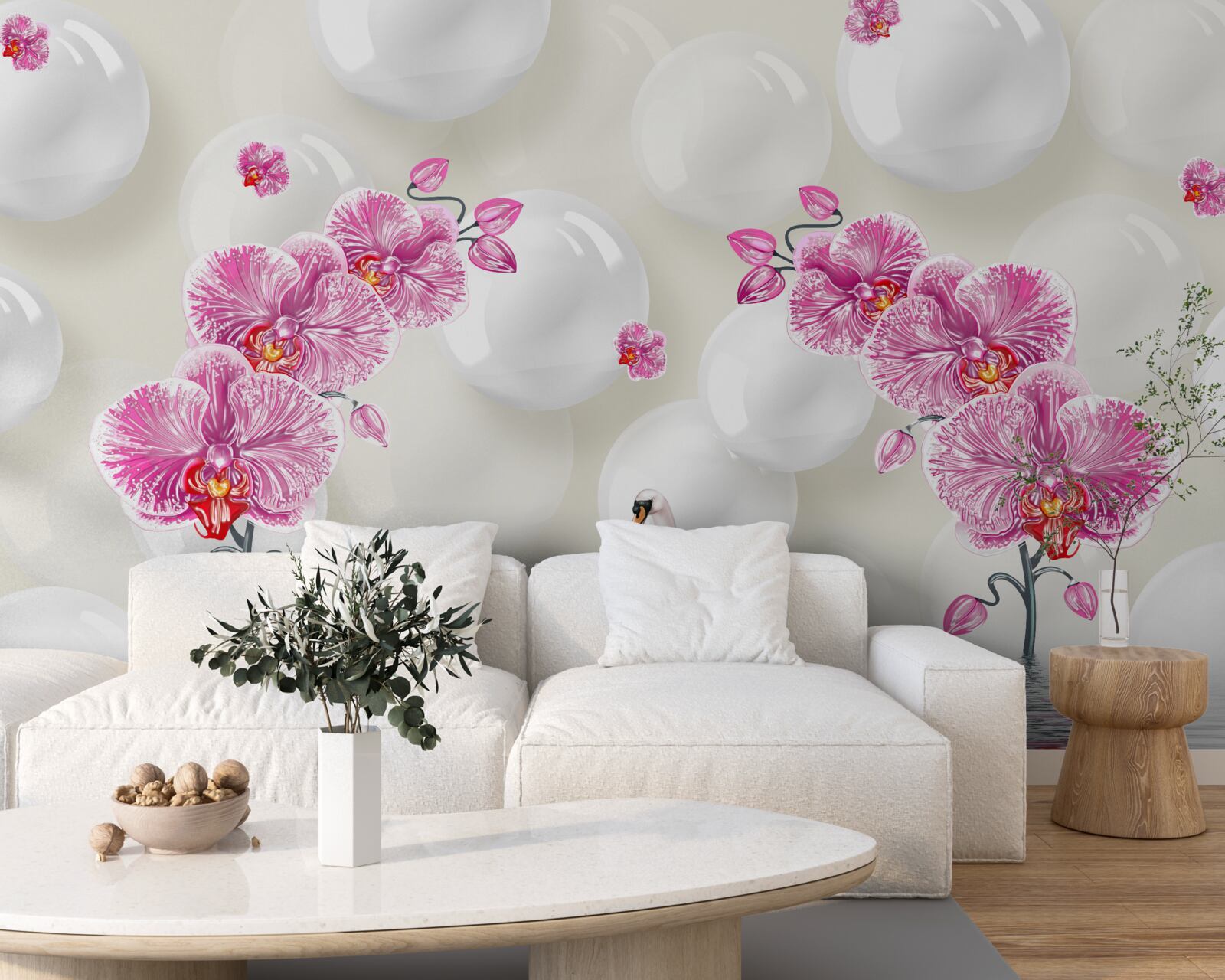 Fototapeten Lilac Magnolia und Schwäne schweben am See