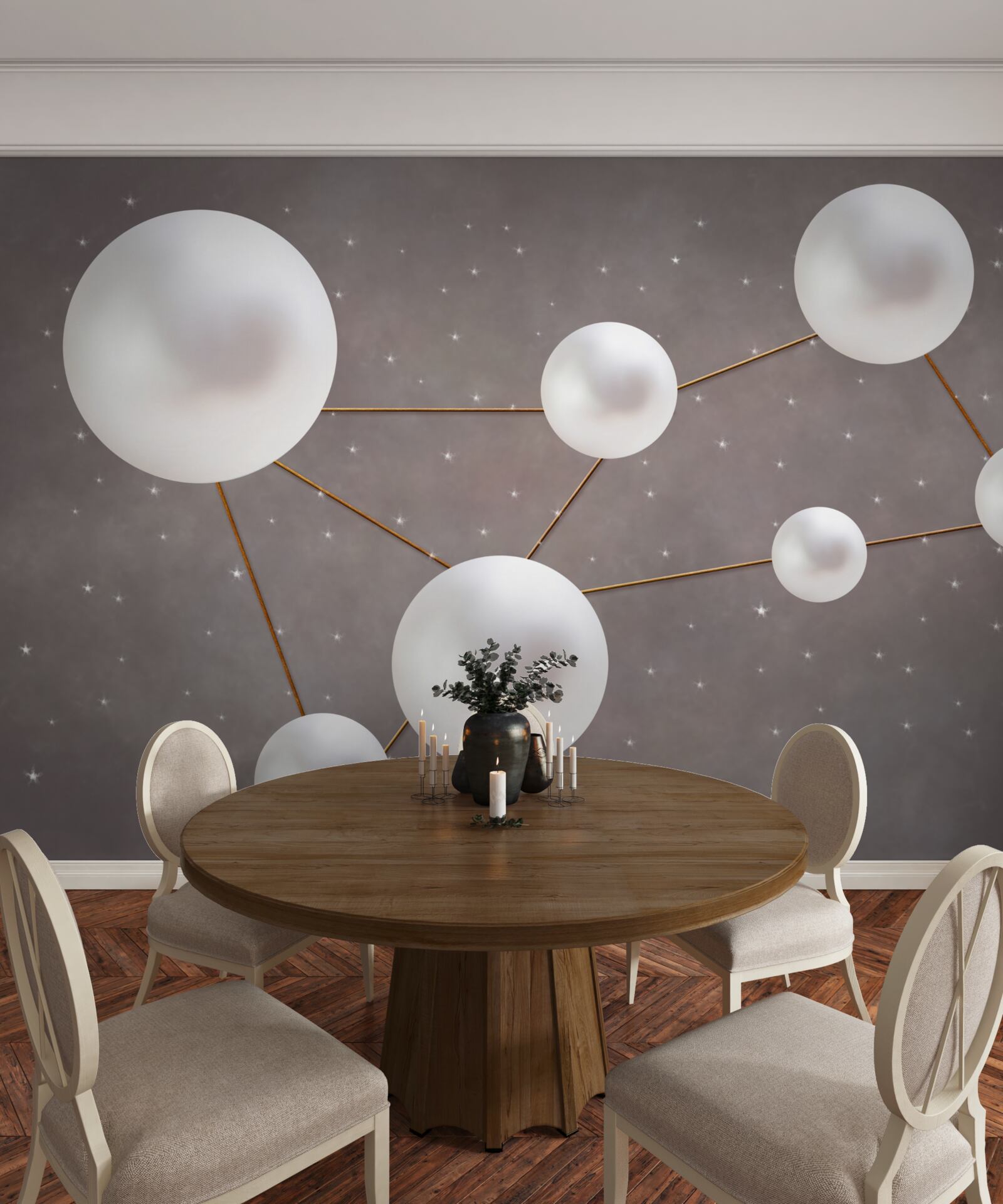 Fototapeten Weiße Kugeln mit goldenen Linien sind auf grauem Hintergrund verteilt