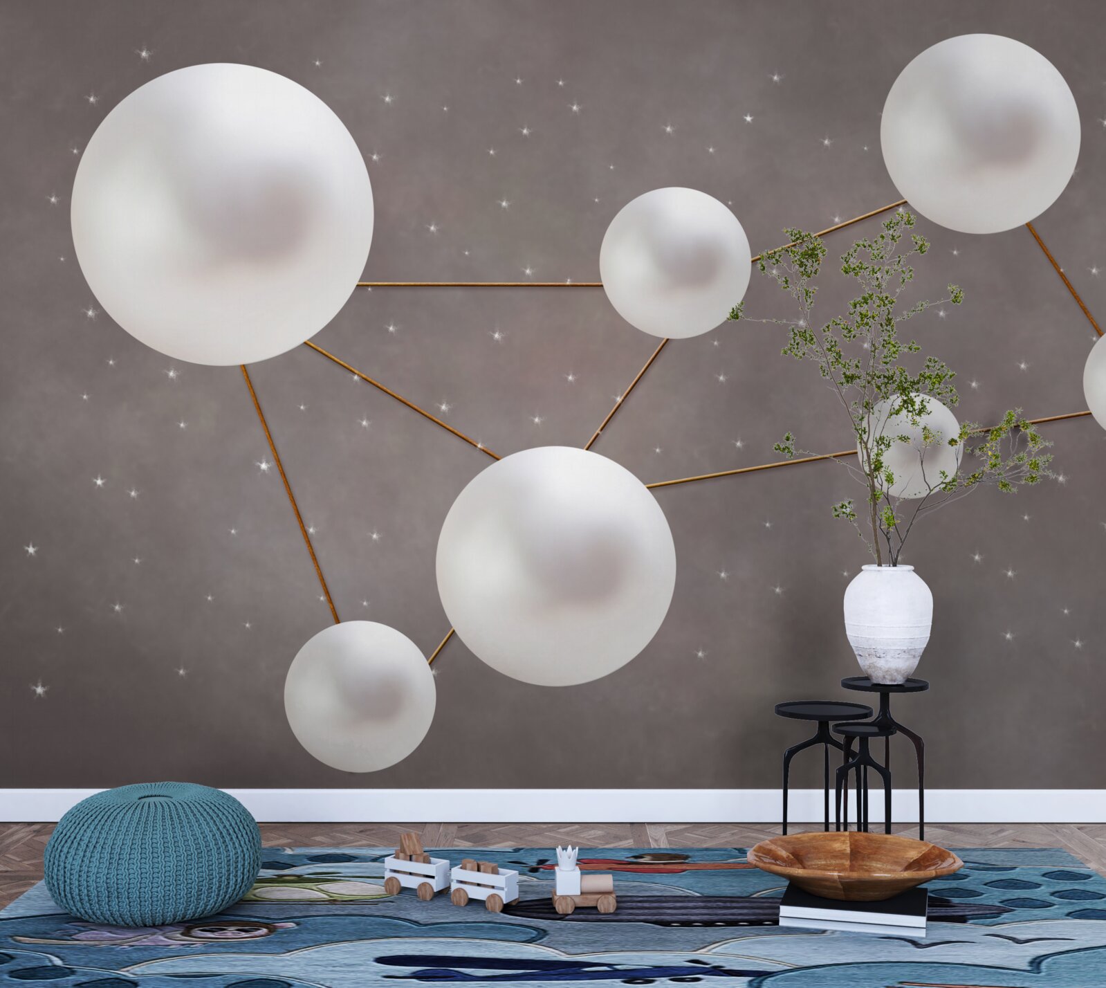Fototapeten Weiße Kugeln mit goldenen Linien sind auf grauem Hintergrund verteilt
