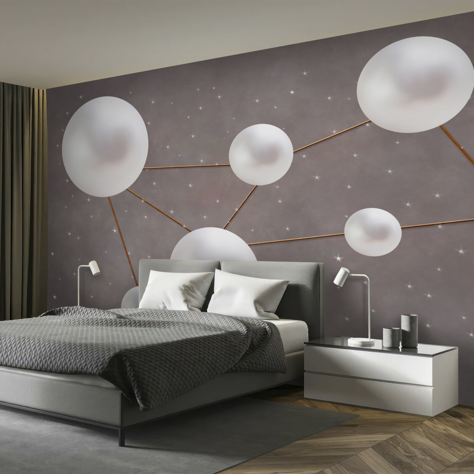 Fototapeten Weiße Kugeln mit goldenen Linien sind auf grauem Hintergrund verteilt