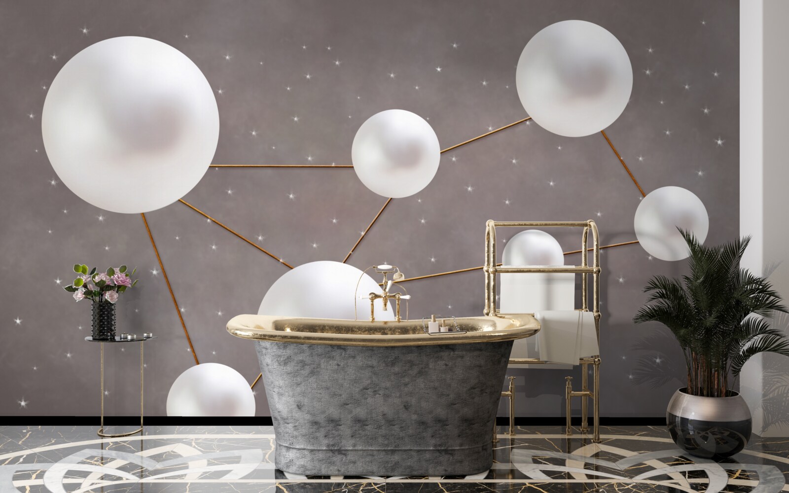 Fototapeten Weiße Kugeln mit goldenen Linien sind auf grauem Hintergrund verteilt