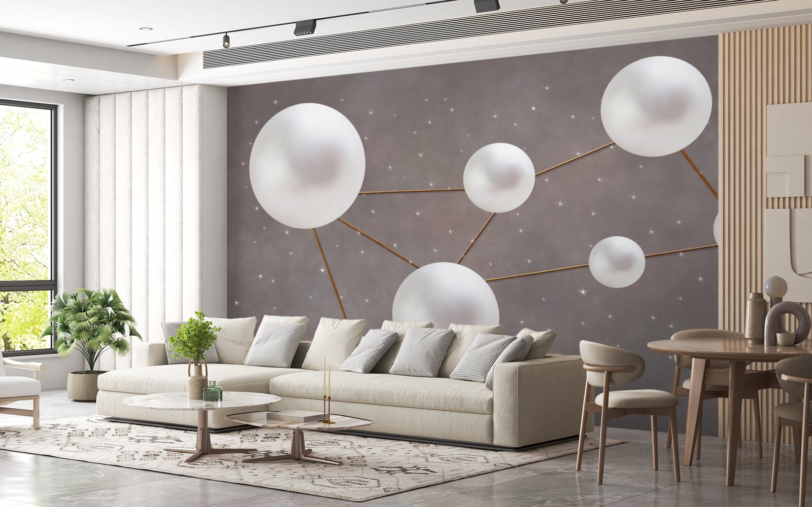 Fototapeten Weiße Kugeln mit goldenen Linien sind auf grauem Hintergrund verteilt