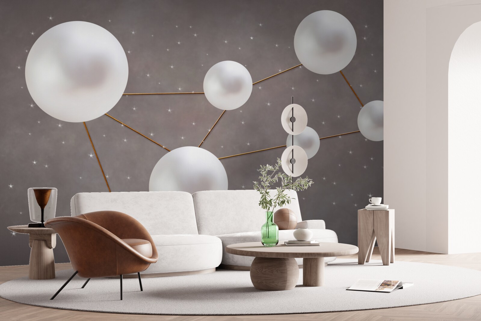 Fototapeten Weiße Kugeln mit goldenen Linien sind auf grauem Hintergrund verteilt