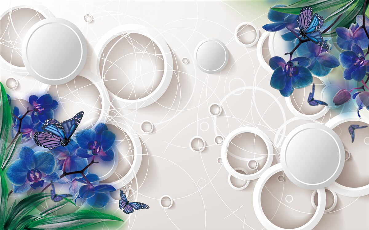 Fototapeten Der geometrische Hintergrund ist mit blauen Orchideenzweigen dekoriert