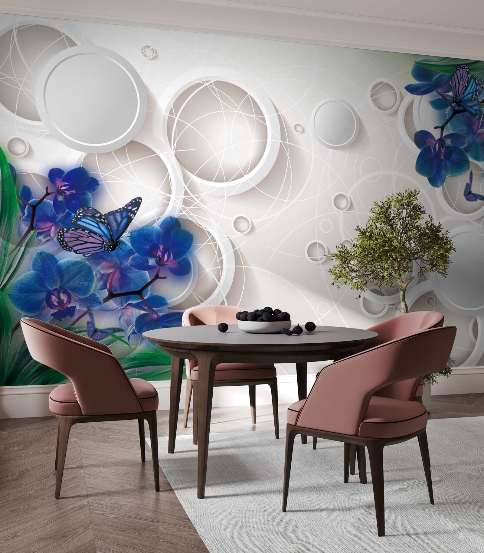Fototapeten Der geometrische Hintergrund ist mit blauen Orchideenzweigen dekoriert