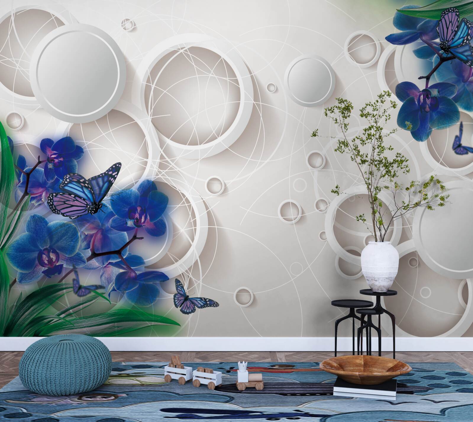 Fototapeten Der geometrische Hintergrund ist mit blauen Orchideenzweigen dekoriert
