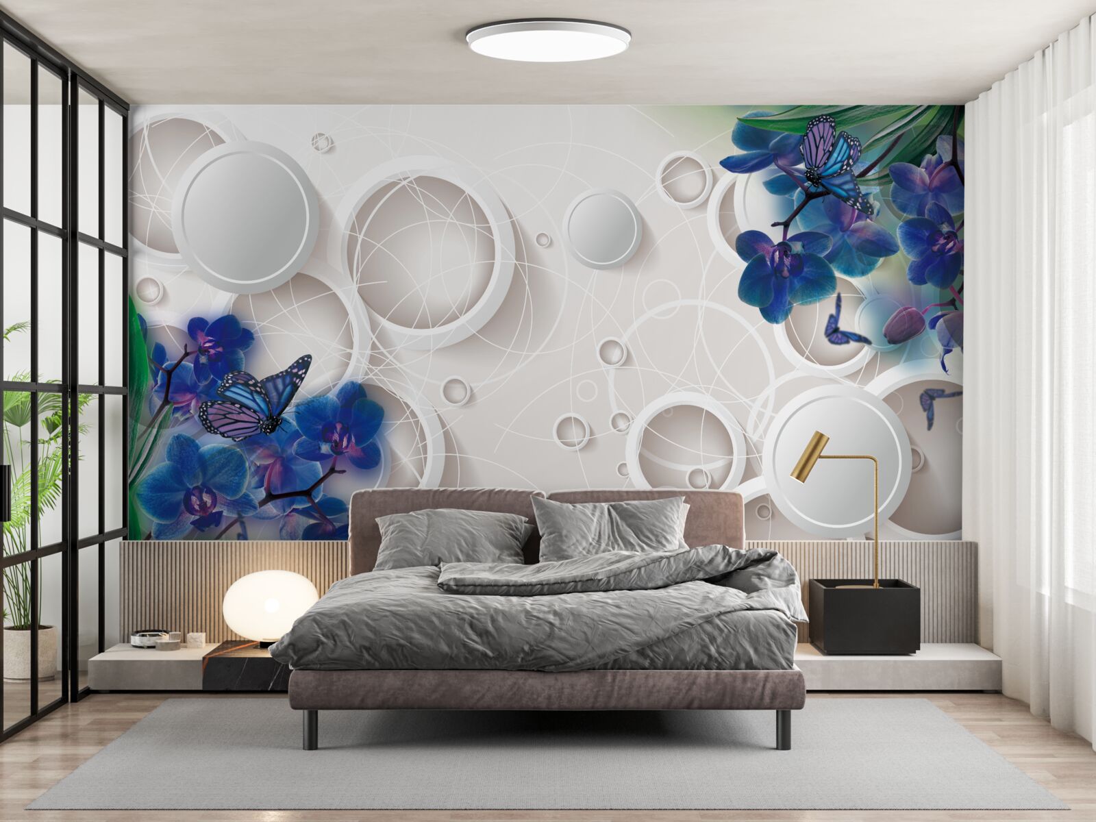 Fototapeten Der geometrische Hintergrund ist mit blauen Orchideenzweigen dekoriert