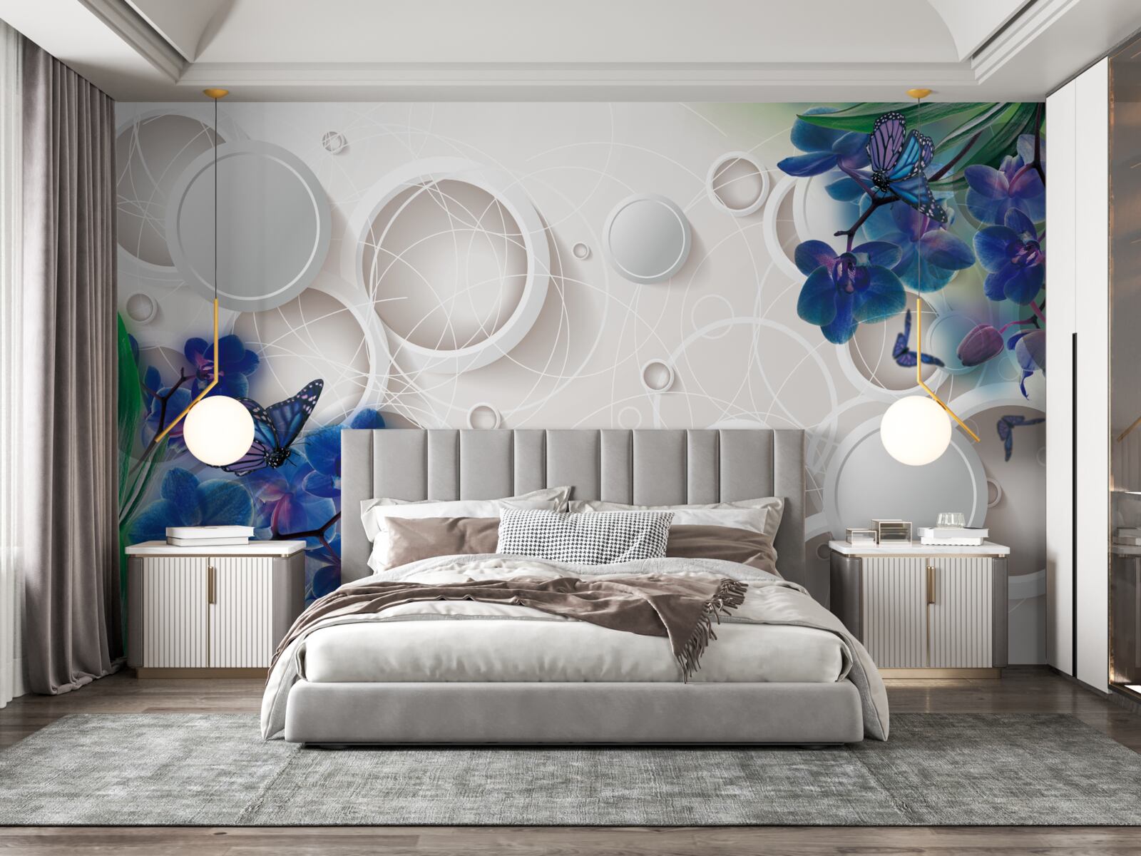 Fototapeten Der geometrische Hintergrund ist mit blauen Orchideenzweigen dekoriert