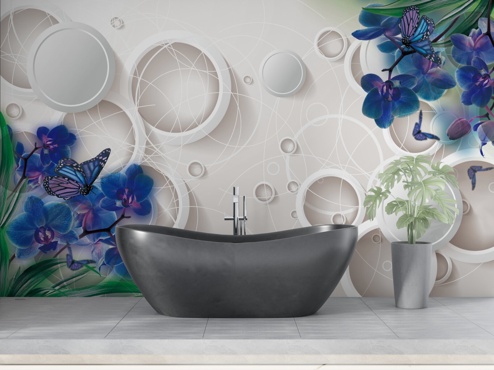 Fototapeten Der geometrische Hintergrund ist mit blauen Orchideenzweigen dekoriert