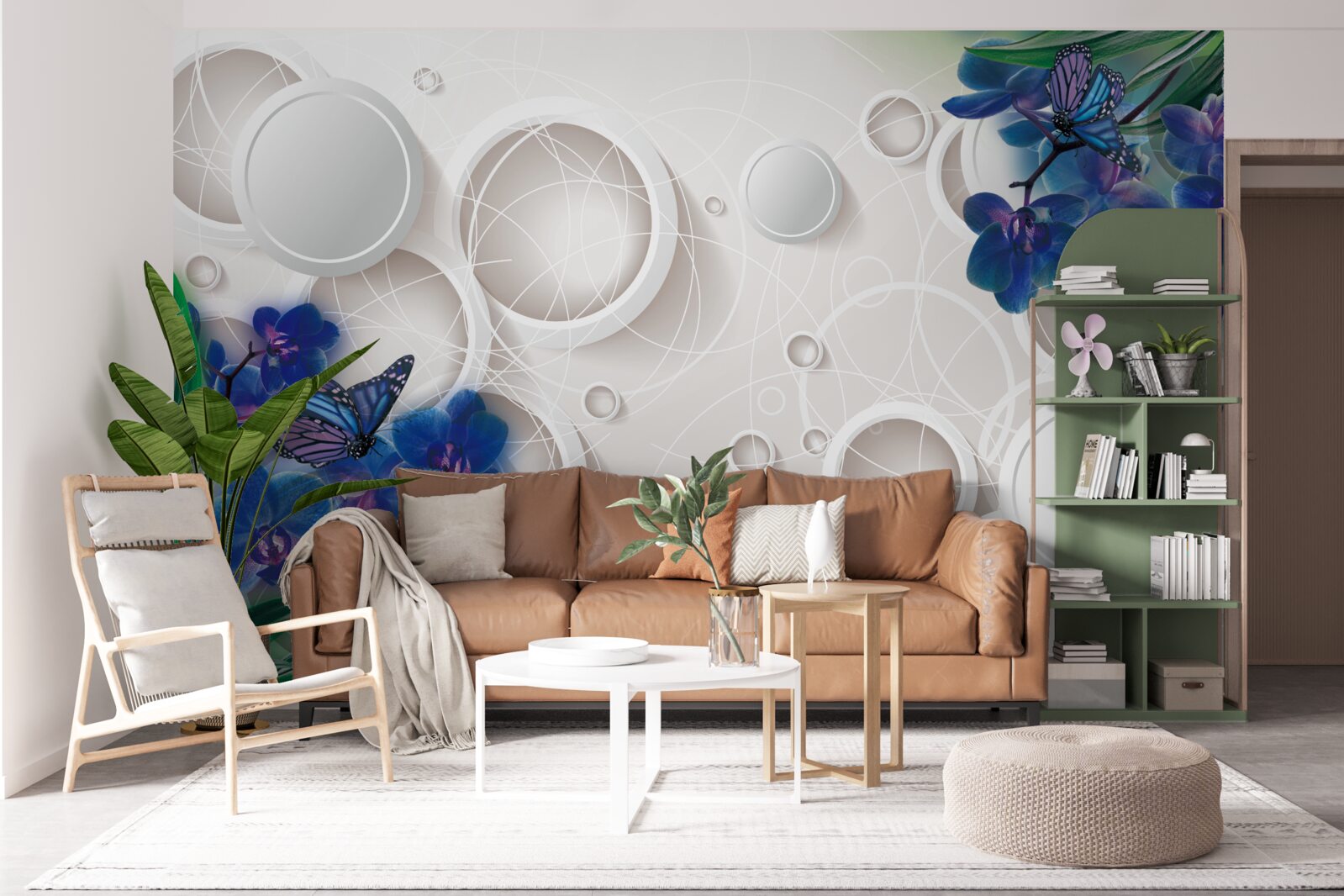 Fototapeten Der geometrische Hintergrund ist mit blauen Orchideenzweigen dekoriert