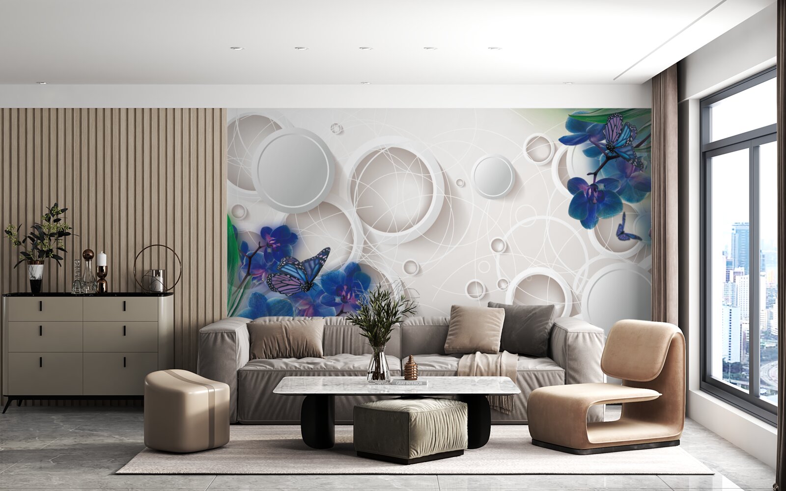 Fototapeten Der geometrische Hintergrund ist mit blauen Orchideenzweigen dekoriert
