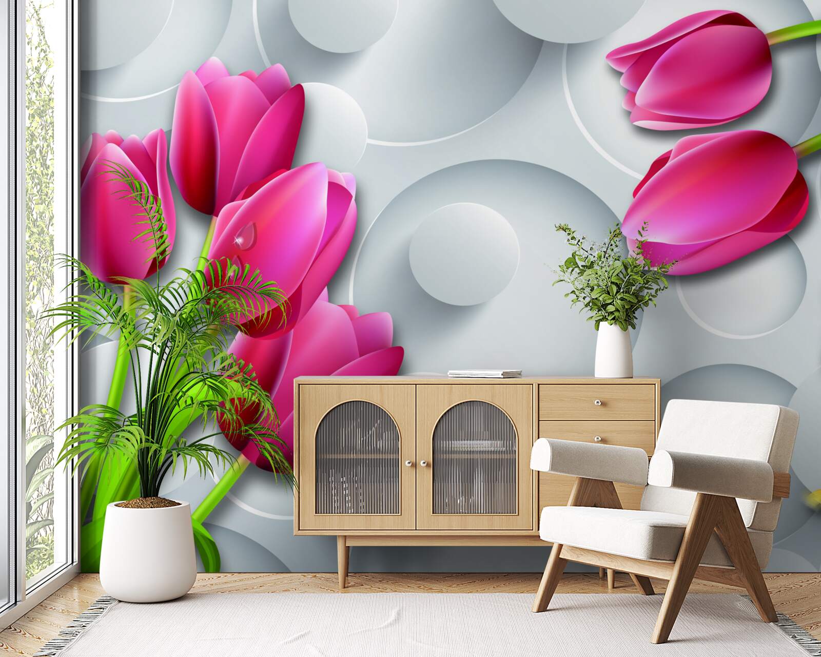 Fototapeten Schmetterlinge und Blumensträuße scharlachrote Tulpen