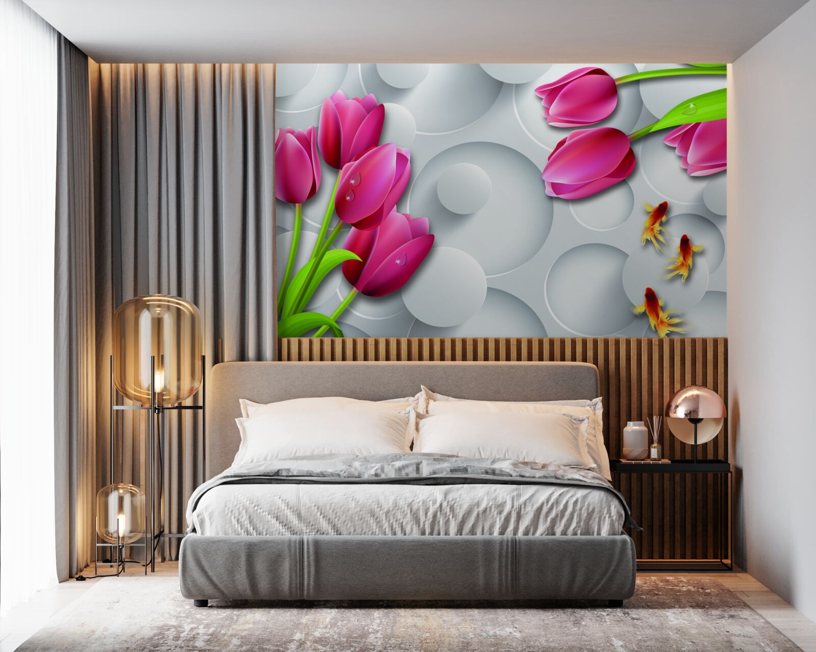 Fototapeten Schmetterlinge und Blumensträuße scharlachrote Tulpen