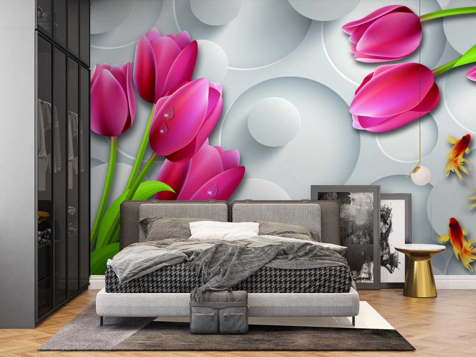 Fototapeten Schmetterlinge und Blumensträuße scharlachrote Tulpen